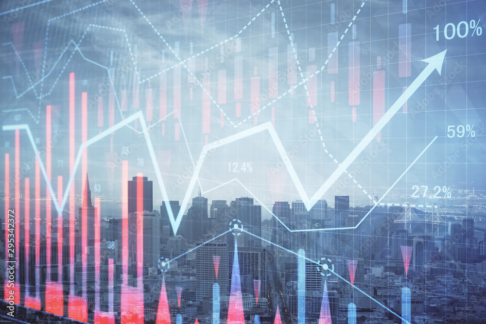 Forex graph on city view with skyscrapers background multi exposure. Financial analysis concept. Forex graph on city view with skyscrapers background multi exposure. Financial analysis concept.