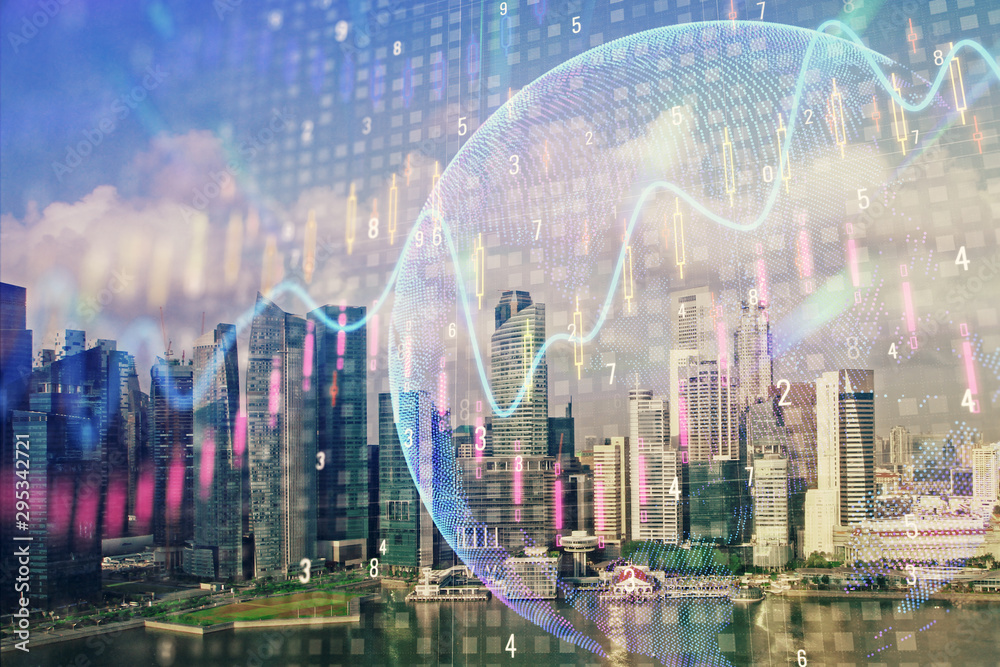 Obraz premium Forex chart on cityscape with skyscrapers wallpaper multi exposure. Financial research concept.