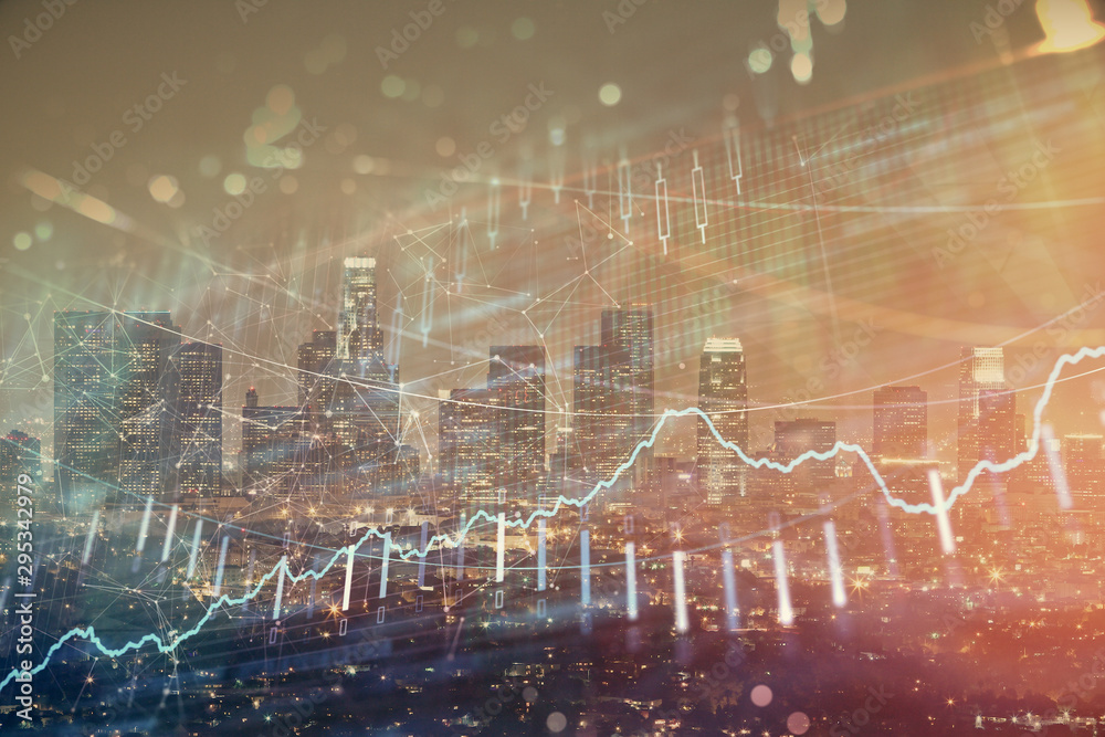 Multi exposure of forex chart drawings over cityscape background. Concept of success. Multi exposure of forex chart drawings over cityscape background. Concept of success.