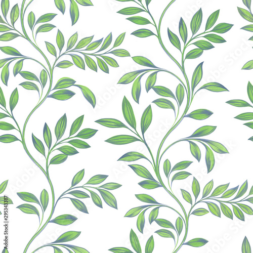 Seamless hand-drawn graphic leaves pattern garden wallpaper on a white background. Vintage floral background. Botanical illustration.