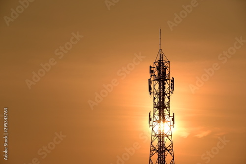 Wireless Communication Antenna With bright sky.Telecommunication tower with antennas. 