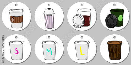 Round sticker template with coffee icon. Vector illustration with white stains on gray background for Cafe  Restaurant brand identity design