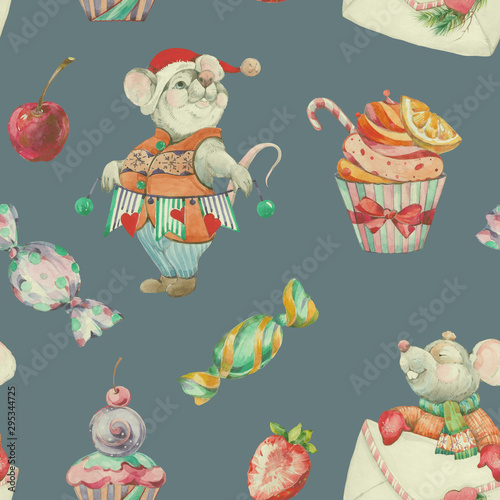 Wallpaper Mural Animal symbol of new year 2020. Seamless pattern with cute cartoon mouse with candy and cupcake. Torontodigital.ca