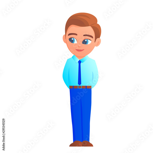 A smiling boy is standing in trousers, a blue shirt and tie. Hands behind. Cartoon vector isolated illustration.