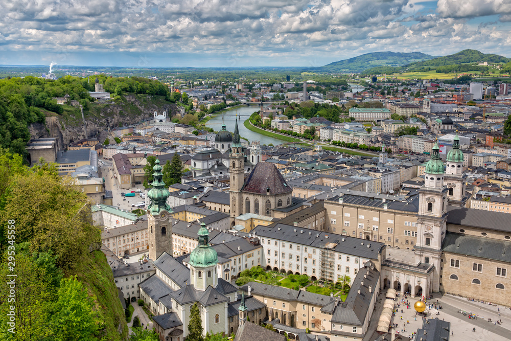 Beautiful view of the old town with the Dom zu Salzburg, the Franziskanerkirche, the Kapitelplatz and the Stift St. Peter Salzburg, Austria