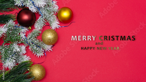 Christmas decor background with text merry cristmas, isolated on a red background.