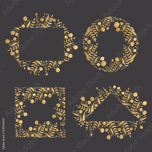 Hand Drawn Golden Logo Template. Vector Floral Wreaths, Frames and Borders with place for text.