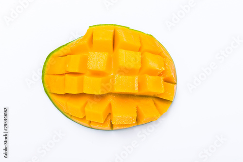 Yellow mango slice cut to cube isolated on white