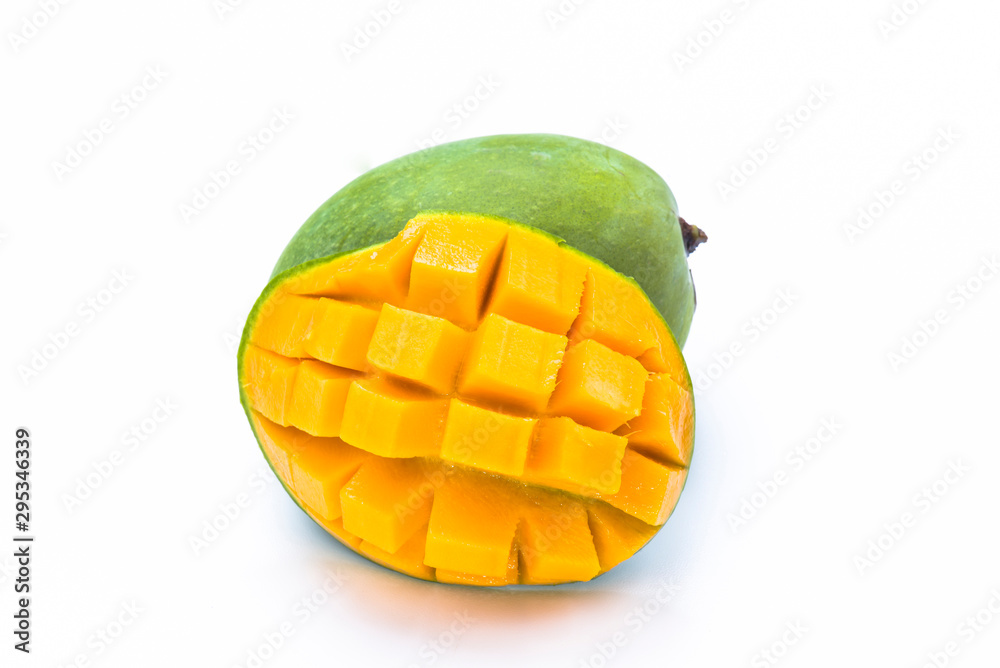 Yellow mango slice cut to cube isolated on white Yellow mango slice cut to cube isolated on white