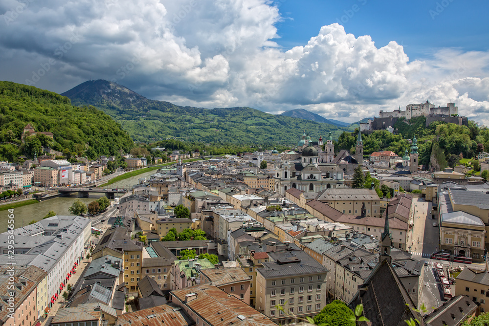 Beautiful view of the old town with the Dom zu Salzburg, the Franziskanerkirche, the Festung Hohensalzburg and the Stift St. Peter in Salzburg, Austria