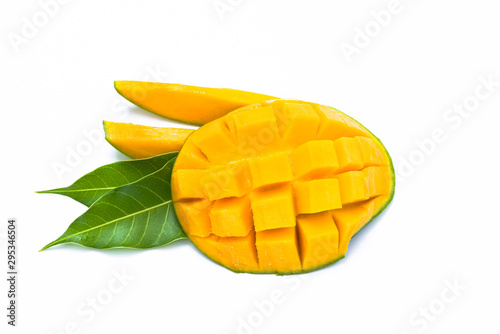 Yellow mango slice cut to cube with leaf isolated on white