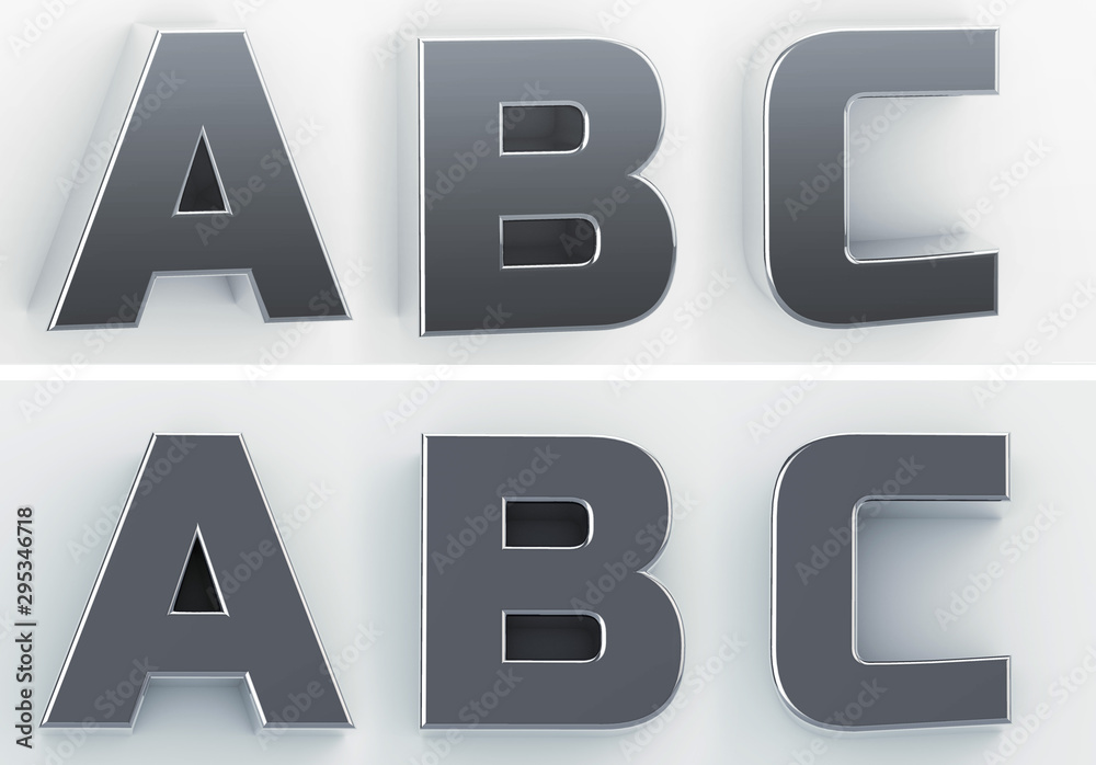 3d rendering of the letters A, B, C in blushed metal of a white isolated background. 3D render. 3d rendering of the letters A, B, C in blushed metal of a white isolated background. 3D render.