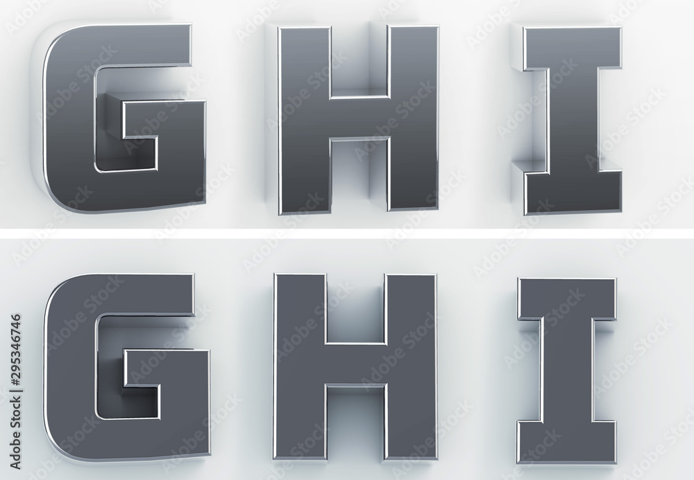 3d rendering of the letters G, H, I, in blushed metal of a white isolated background. 3D render. 3d rendering of the letters G, H, I, in blushed metal of a white isolated background. 3D render.