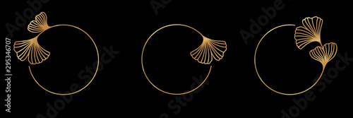 Fototapeta Ustaw znaczek i ikonę złotej ramki Ginkgo Biloba Leaf w modnym stylu liniowym - Godło Logo wektor miłorząbu