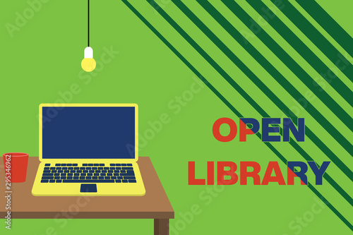 Text sign showing Open Library. Business photo showcasing online access to analysisy public domain and outofprint books Front view open laptop lying on wooden desktop light bulb falling glass photo