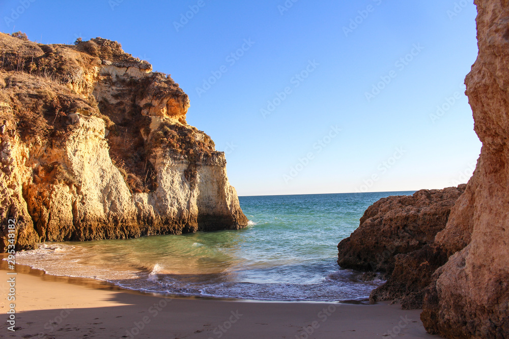 Rock formation in beach near Lagos in Ponta da Piedade, Algarve region, Portugal