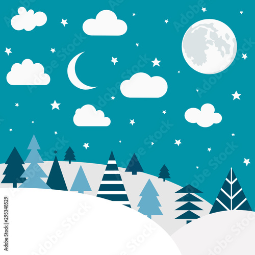 Cartoon nature winter landscape pattern. Christmas postcard, greeting card.
