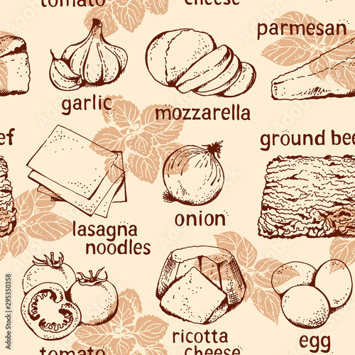 Lasagna ingredients vector seamless pattern, hand drawn food  background