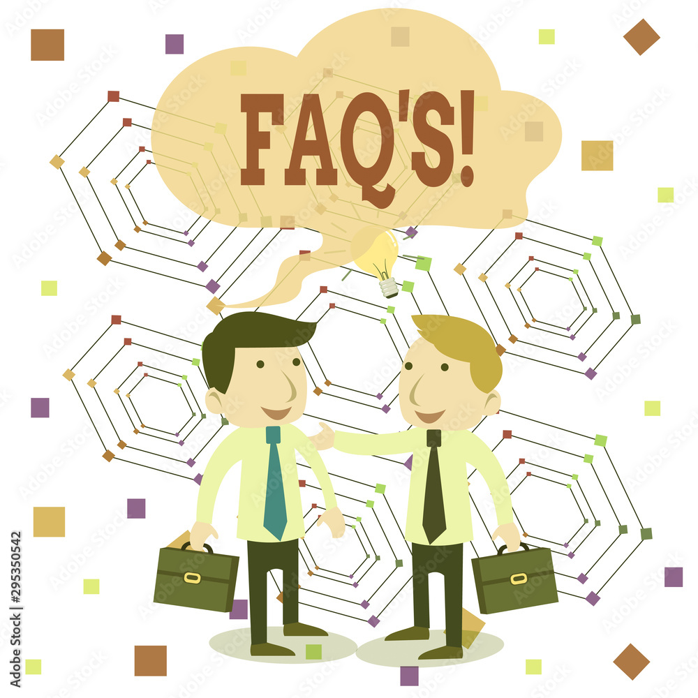 Writing note showing Faq. Business concept for a list of questions and answers relating to a particular subject Two White Businessmen Colleagues with Brief Cases Sharing Idea Solution Writing note showing Faq. Business concept for a list of questions and answers relating to a particular subject Two White Businessmen Colleagues with Brief Cases Sharing Idea Solution