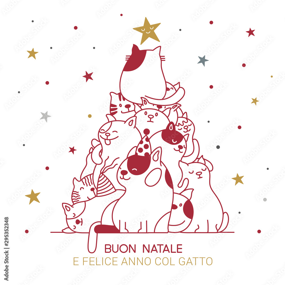 Cat Christmas tree with italian best wishes for holidays. Biglietto d'auguri  per natale con tanti gatti pacioccosi. Stock Vector | Adobe Stock