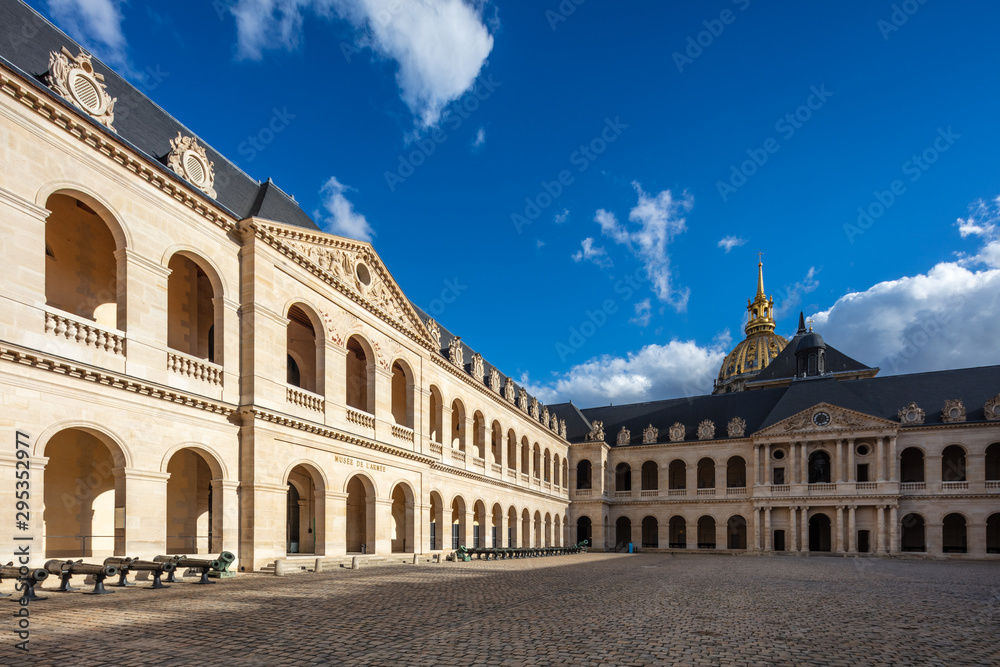 Paris, France, Sunny view on the Courtyard of Les Invalides hotel. 
