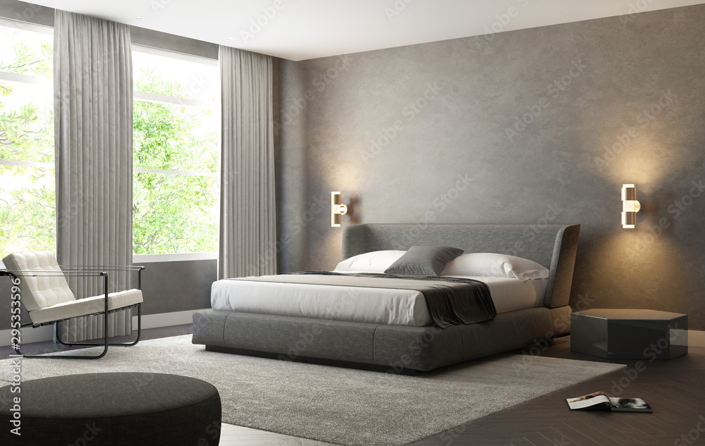 Grey contemporary luxury modern bedroom with stool and a carpet