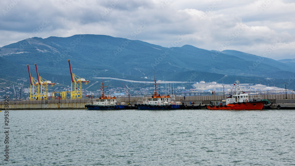 Sea trading port, at the foot of the mountains, panorama