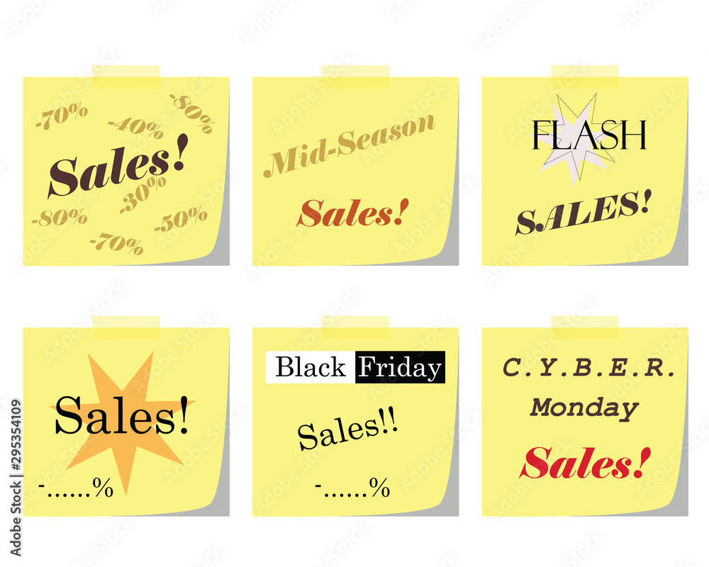 six post paper notes vector set with business sales logos - black friday - cyber monday - flash sales six post paper notes vector set with business sales logos - black friday - cyber monday - flash sales