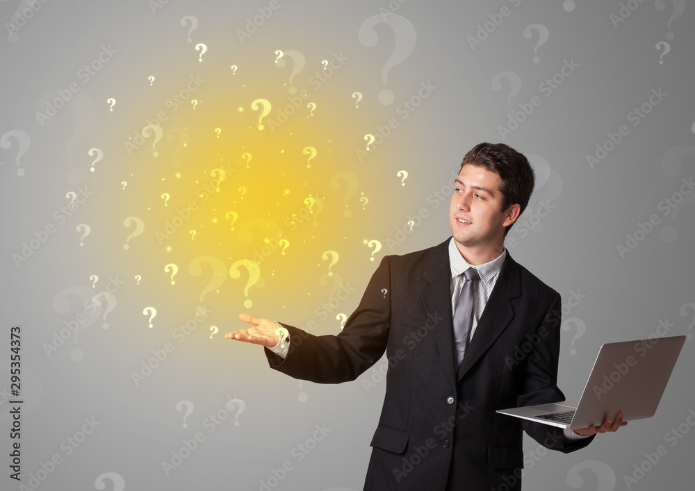 Young person presenting something with question sign concept Young person presenting something with question sign concept