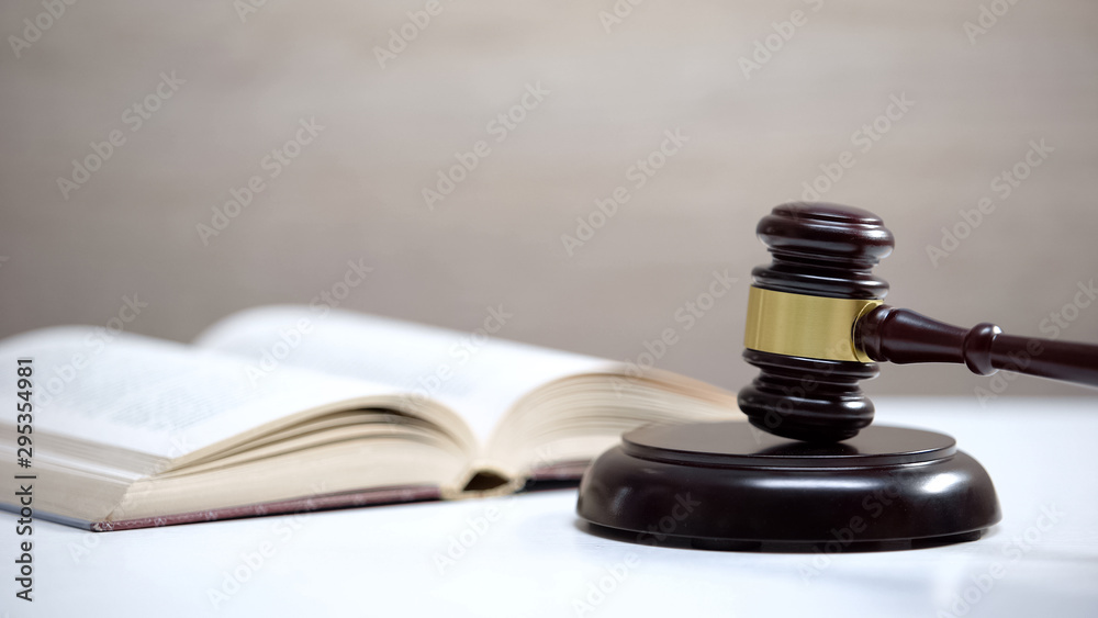 Book on table, gavel standing on sound block, government constitution, law order