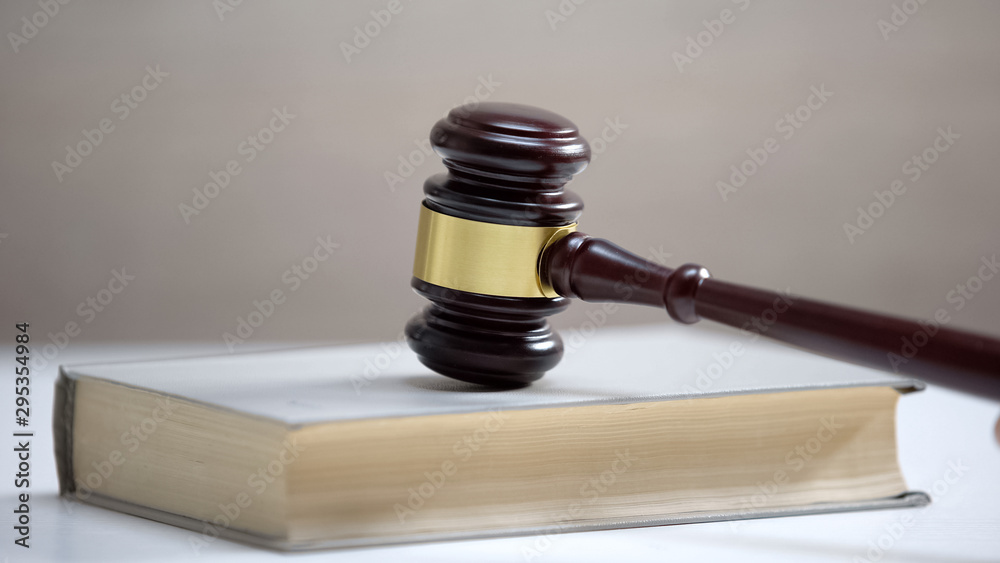 Gavel standing on book, law and order, legal education, court hearing, sentence