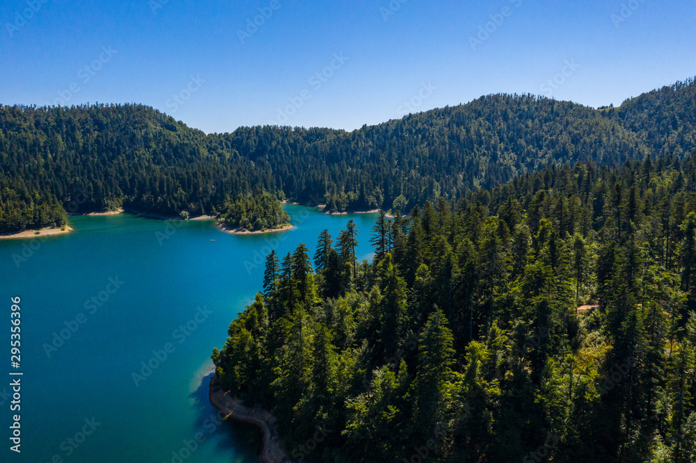 Fototapeta premium Aerial panoramic view of Lokvarsko Lake, beautiful mountain landscape on sunny summer day, Lokve, Gorski kotar, Croatia