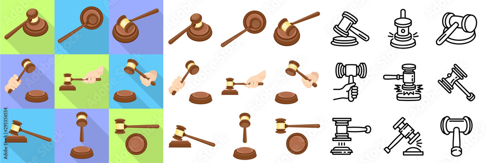 Judge hammer icons set. Flat and outline set of judge hammer vector icons for web design Judge hammer icons set. Flat and outline set of judge hammer vector icons for web design