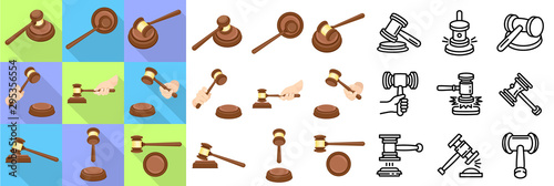 Judge hammer icons set. Flat and outline set of judge hammer vector icons for web design
