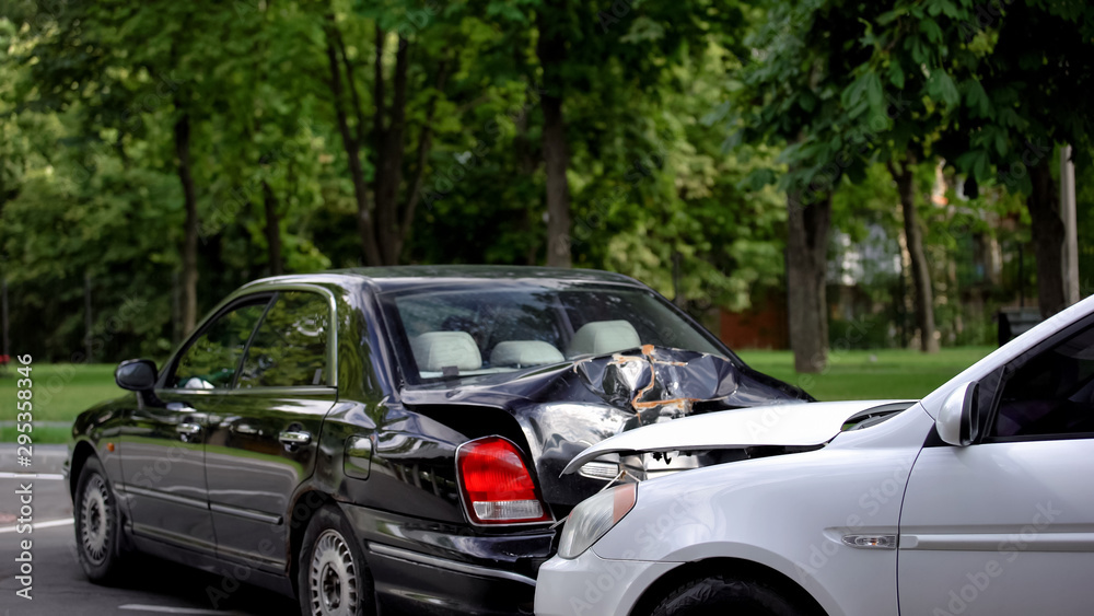Broken cars on street, transport accident, traffic collision, vehicle insurance