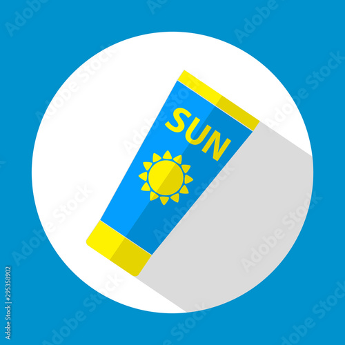 Sun Care. Sun Protection. Sunscreen tube flat icon blue and yellow color with long shadow. Flat design style. Vector illustration. EPS10.