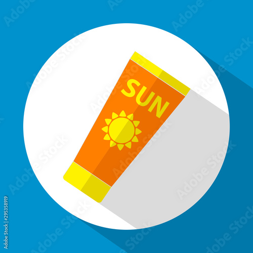 Sun Care. Sun Protection. Sunscreen tube flat icon orange and yellow color with long shadow with blue decoration. Flat design style. Vector illustration. EPS10.