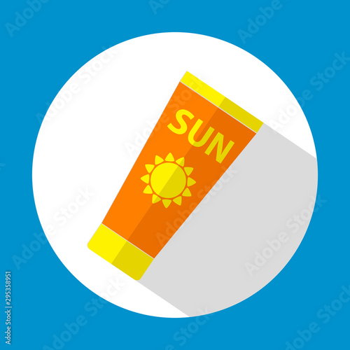 Sun Care. Sun Protection. Sunscreen tube flat icon orange and yellow color with long shadow with blue decoration. Flat design style. Vector illustration. EPS10.