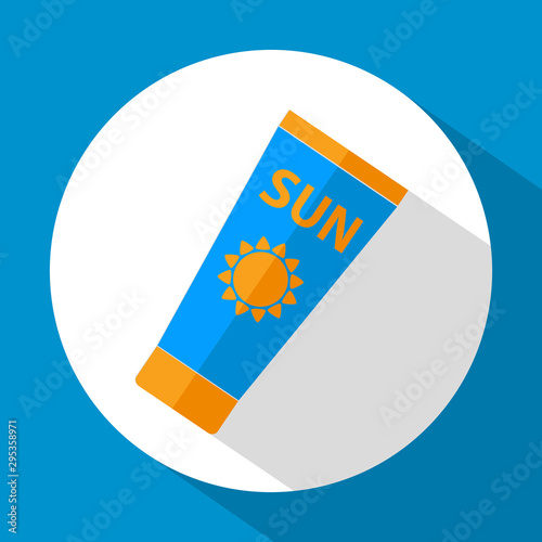 Sun Care. Sun Protection. Sunscreen tube flat icon blue and orange color with long shadow. Flat design style. Vector illustration. EPS10.