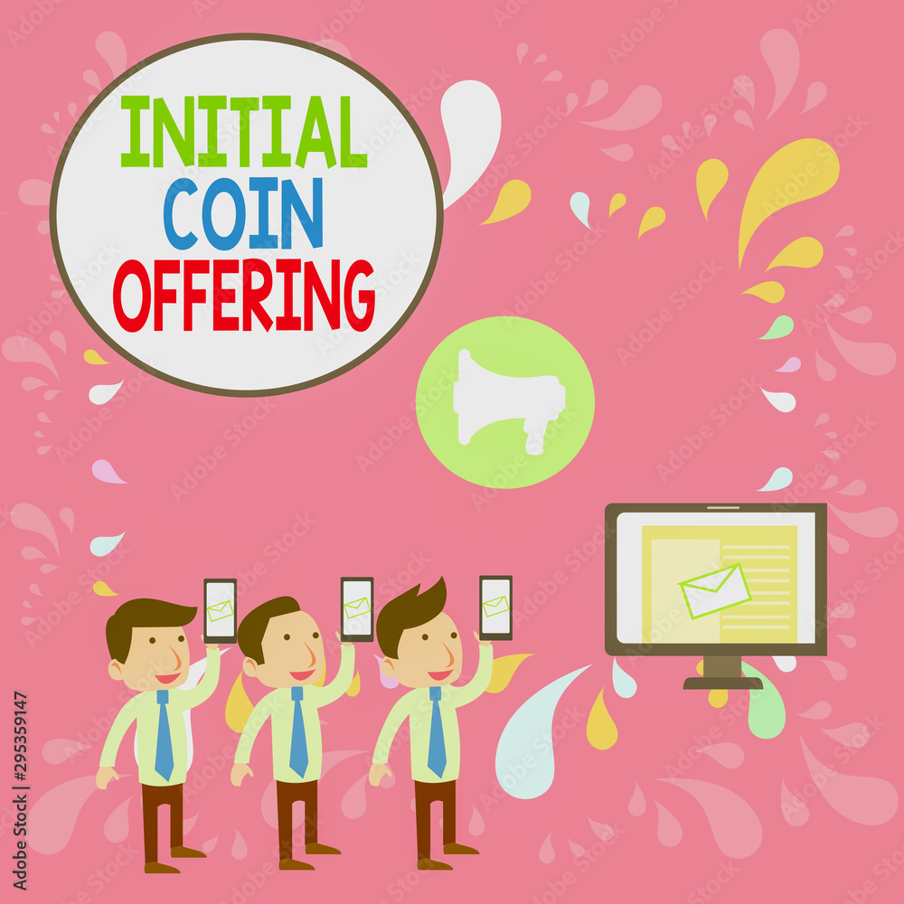 Word writing text Initial Coin Offering. Business photo showcasing crowdfunding using cryptocurrencies raising capital SMS Email Marketing Media Audience Attraction Personal Computer Loudspeaker Word writing text Initial Coin Offering. Business photo showcasing crowdfunding using cryptocurrencies raising capital SMS Email Marketing Media Audience Attraction Personal Computer Loudspeaker