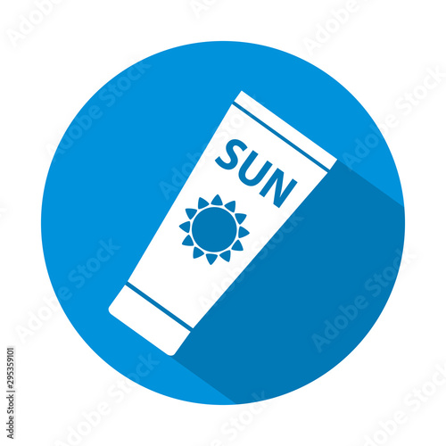 Sun Care. Sun Protection. Sunscreen tube flat icon white color with long shadow. Flat design style. Vector illustration. EPS10.