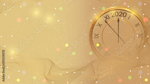 Gold shiny New Year 2020 poster with golden clock. Light Christmas background template. Bright Xmas banner. Winter celebration. Vector