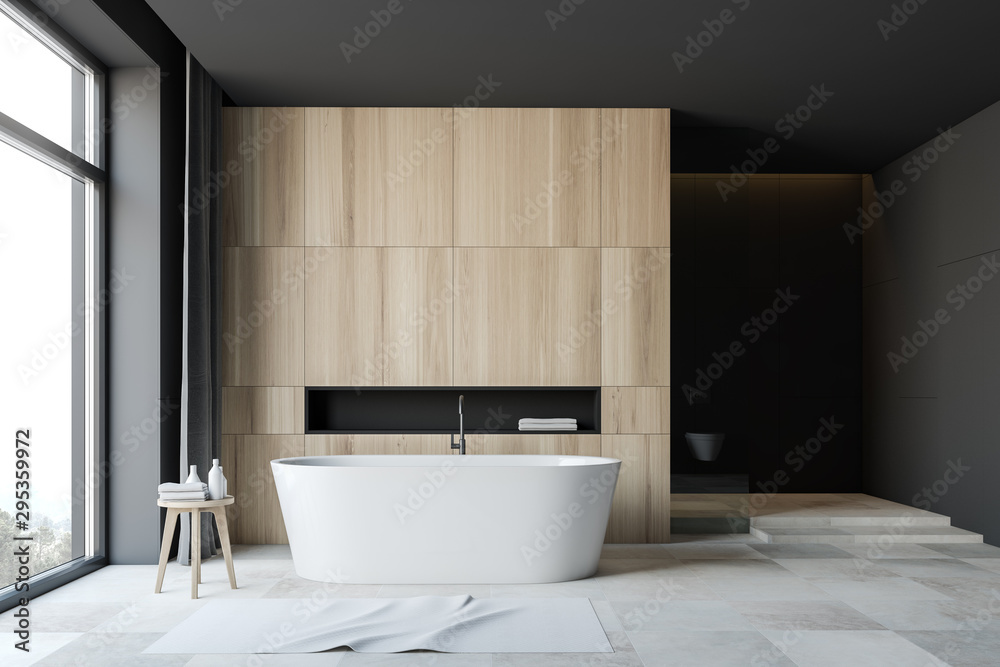 Dark grey and wooden bathroom interior with tub