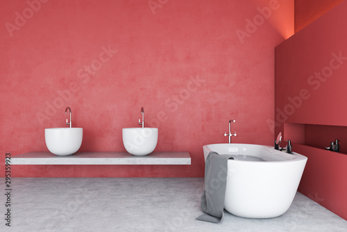 Red loft bathroom interior with tub and sink