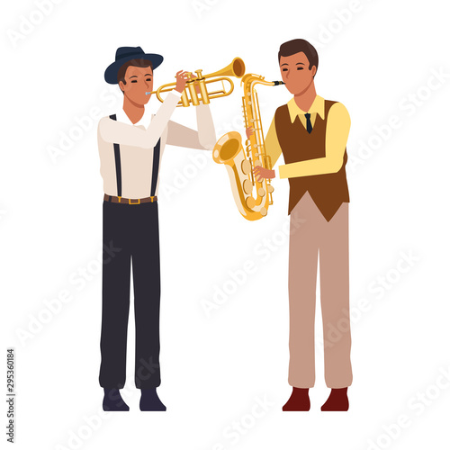 cartoon saxophonist and trumpeter, flat design