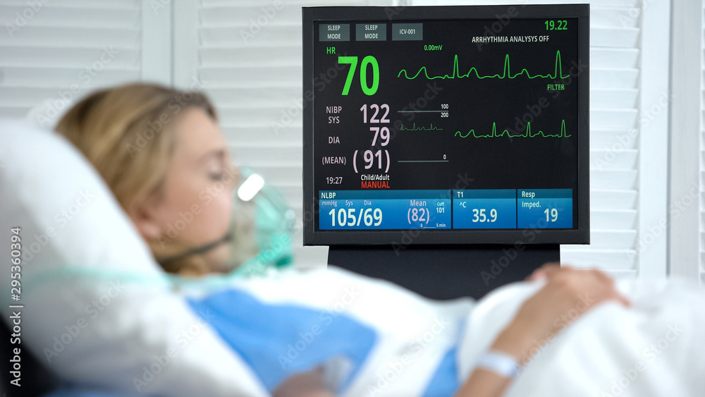 Stabilized woman in oxygen mask sleeping, intensive care hospital unit, surgery Stabilized woman in oxygen mask sleeping, intensive care hospital unit, surgery