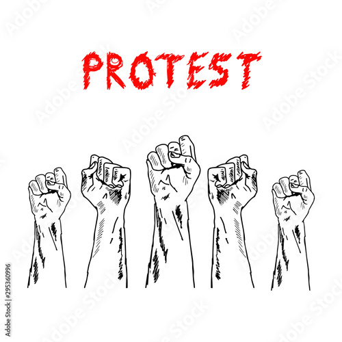 Concept of revolution or protest. People raised hands fist air fighting for their rights and shouting.