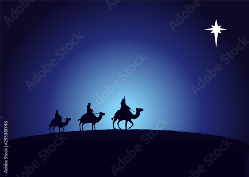 Fototapeta Christmas scene kings wise men in silhouette and star on navy blue background