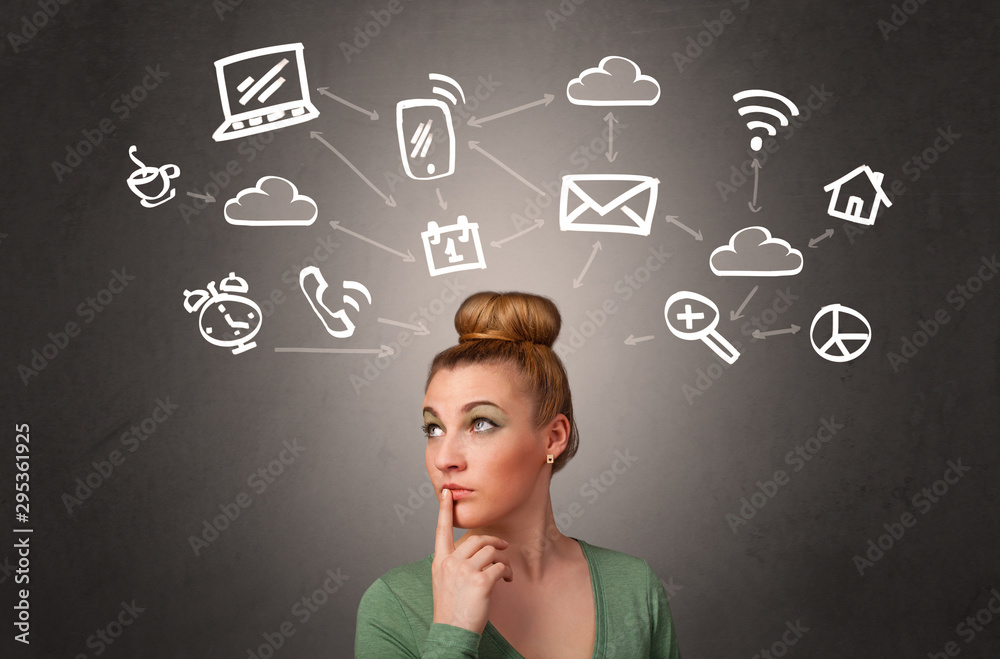 Pretty girl with drawn media icons above her head Pretty girl with drawn media icons above her head