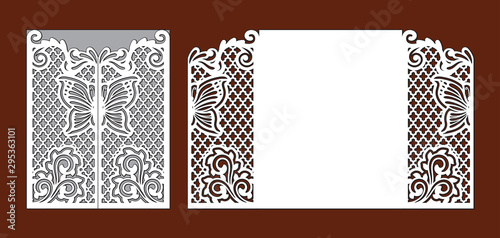 Wedding invitation with lace decoration. Fairy butterfly and floral ornate ornament. Laser cut template for party. Envelope for greeting card. Openwork vector silhouette of fold gate for cutting.